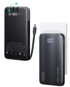 INIU Multi P24-E1 Power Bank, black with braided USB-C cable, displaying 100% charge and fast charge logo