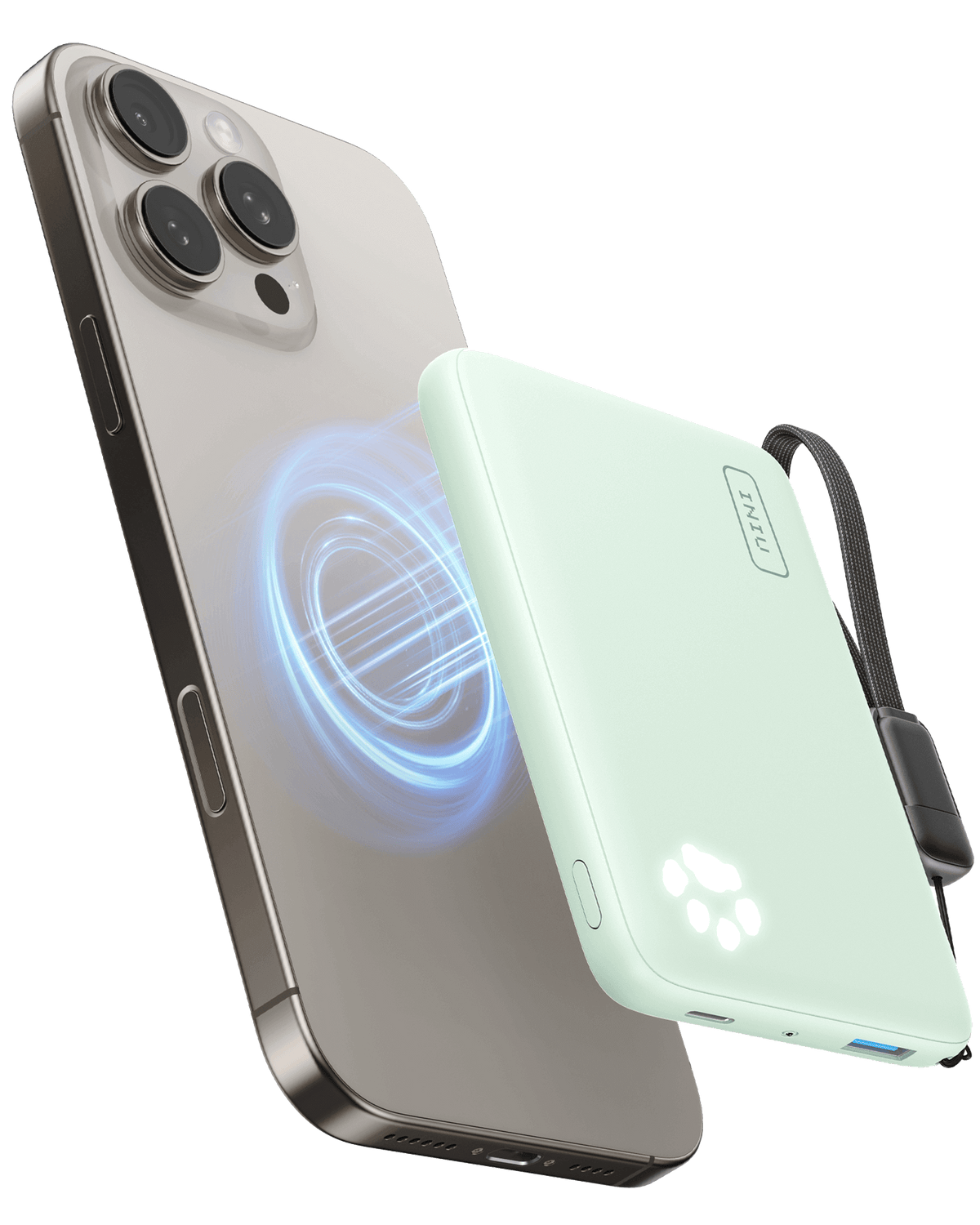 Pastel green INIU Pawsible power bank wirelessly charging iPhone. Black Friday electronics deals on wireless chargers.
