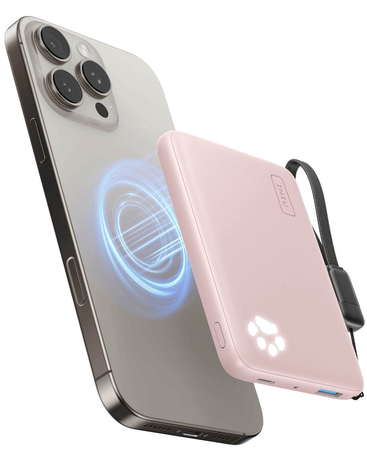 Pink INIU magnetic power bank wirelessly charging iPhone. Black Friday deals on wireless chargers.