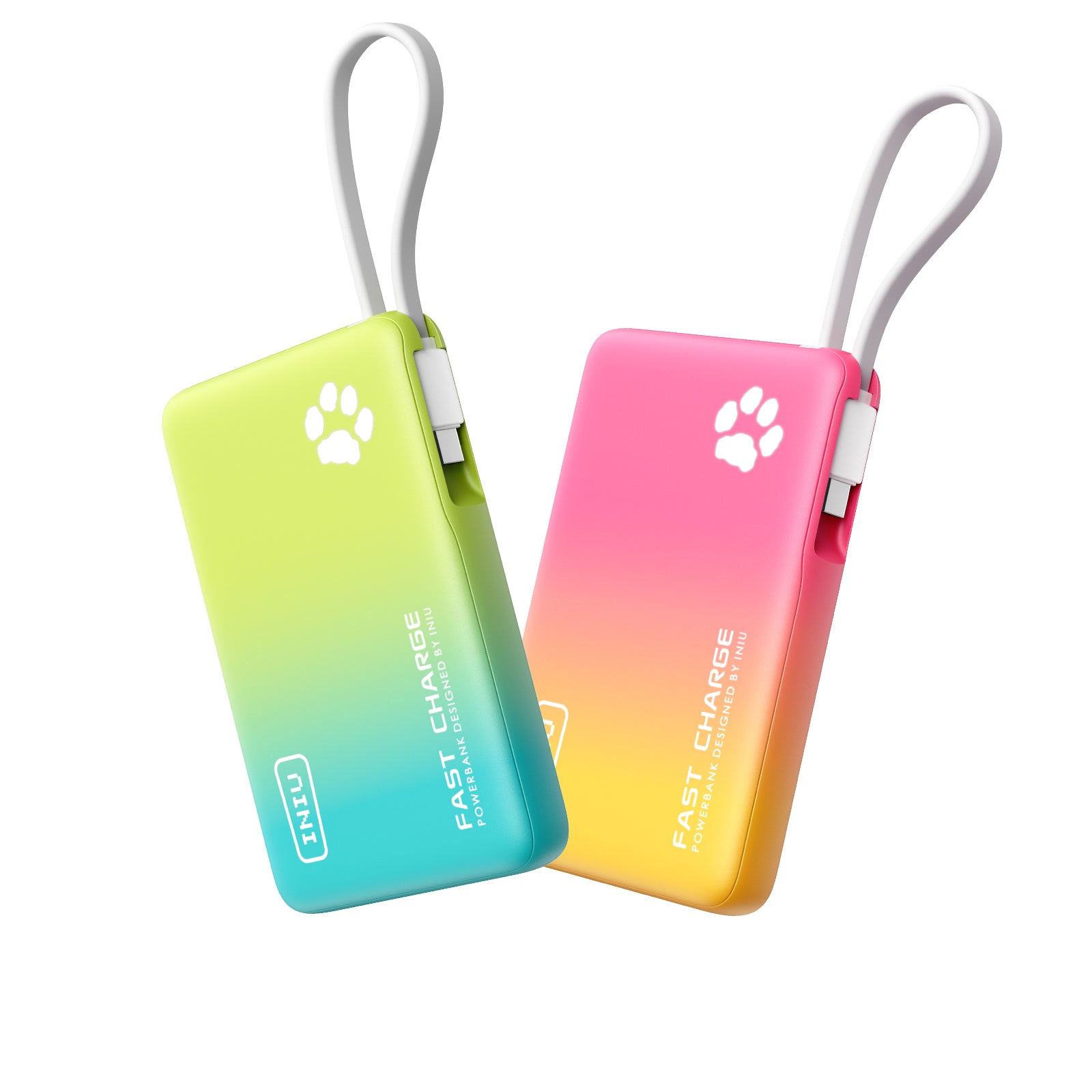 Two gradient INIU power banks in green/blue & pink/yellow with paw logo. Black Friday tech gifts on sale.