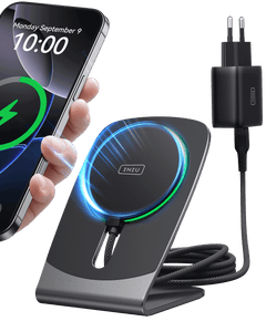 INIU W21-E1 15W Qi2 magnetic wireless charger stand and 20W adapter, shown fast charging an iPhone. Ready for iPhone 17.