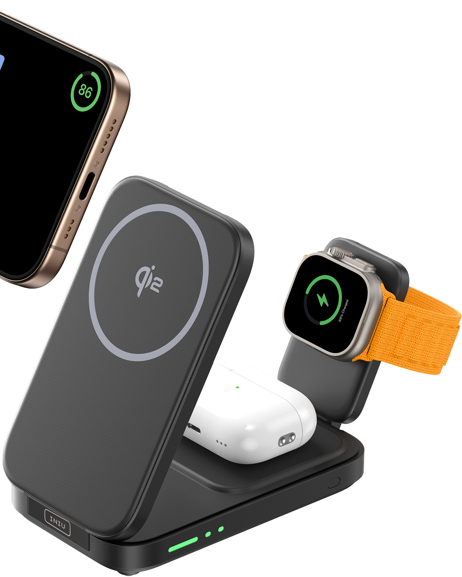 Cargador inalámbrico magnético plegable INIU SnapGo W31-E1 Qi2 de 15 W 3 en 1