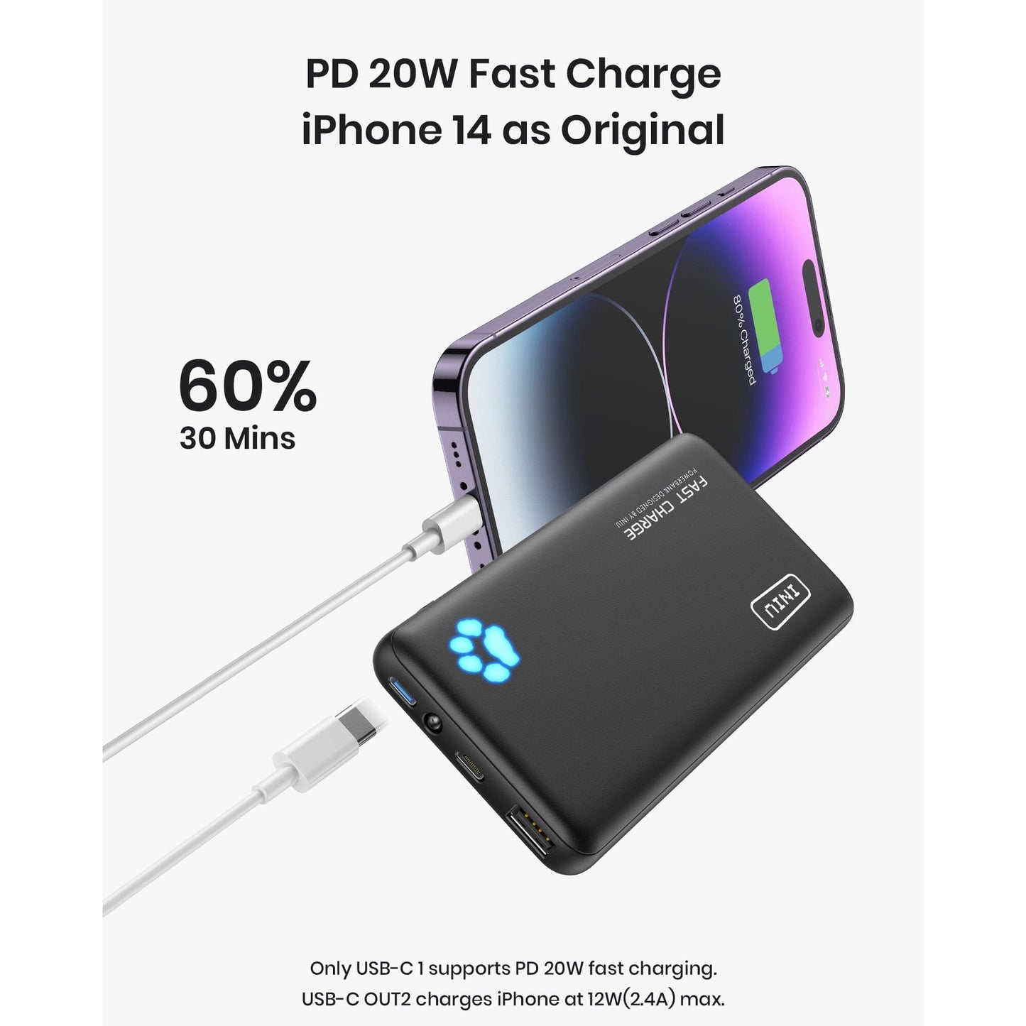 Caricabatterie portatile INIU B3, 20W PD3.0 Carica rapida Power Bank più sottile da 10000 mAh, nero