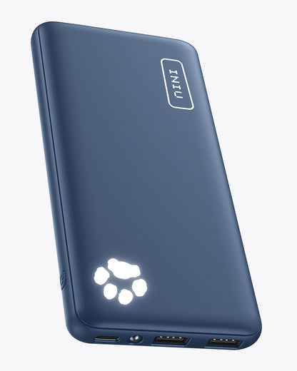 INIU PowerPaw™ Slim 10K Black: Blue 10000mAh Power Bank, compact design, compatible with iPhone and Samsung