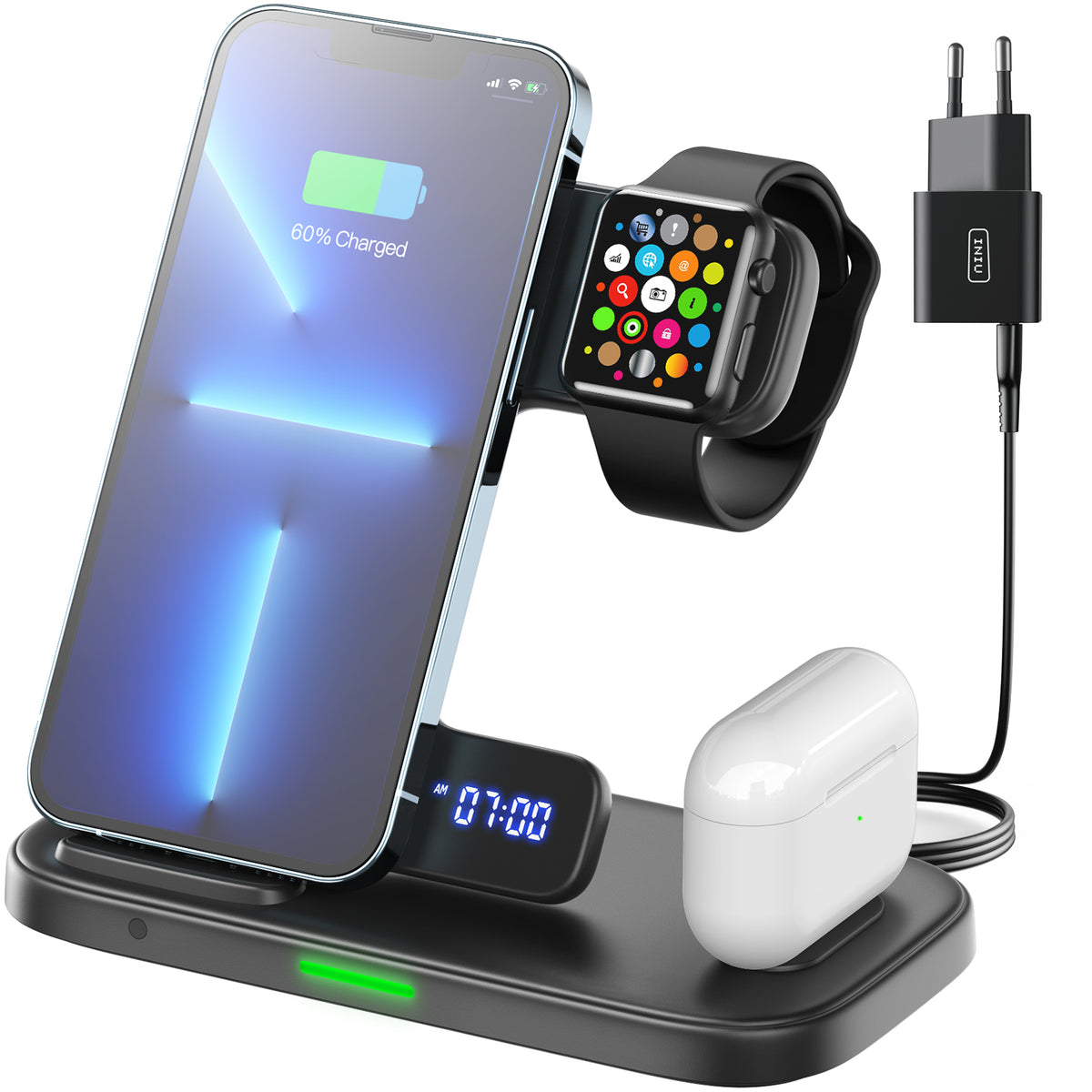 INIU 3-in-1 wireless charger powers iPhone, Apple Watch, AirPods. Black Friday deals for tech guys. Features clock display.