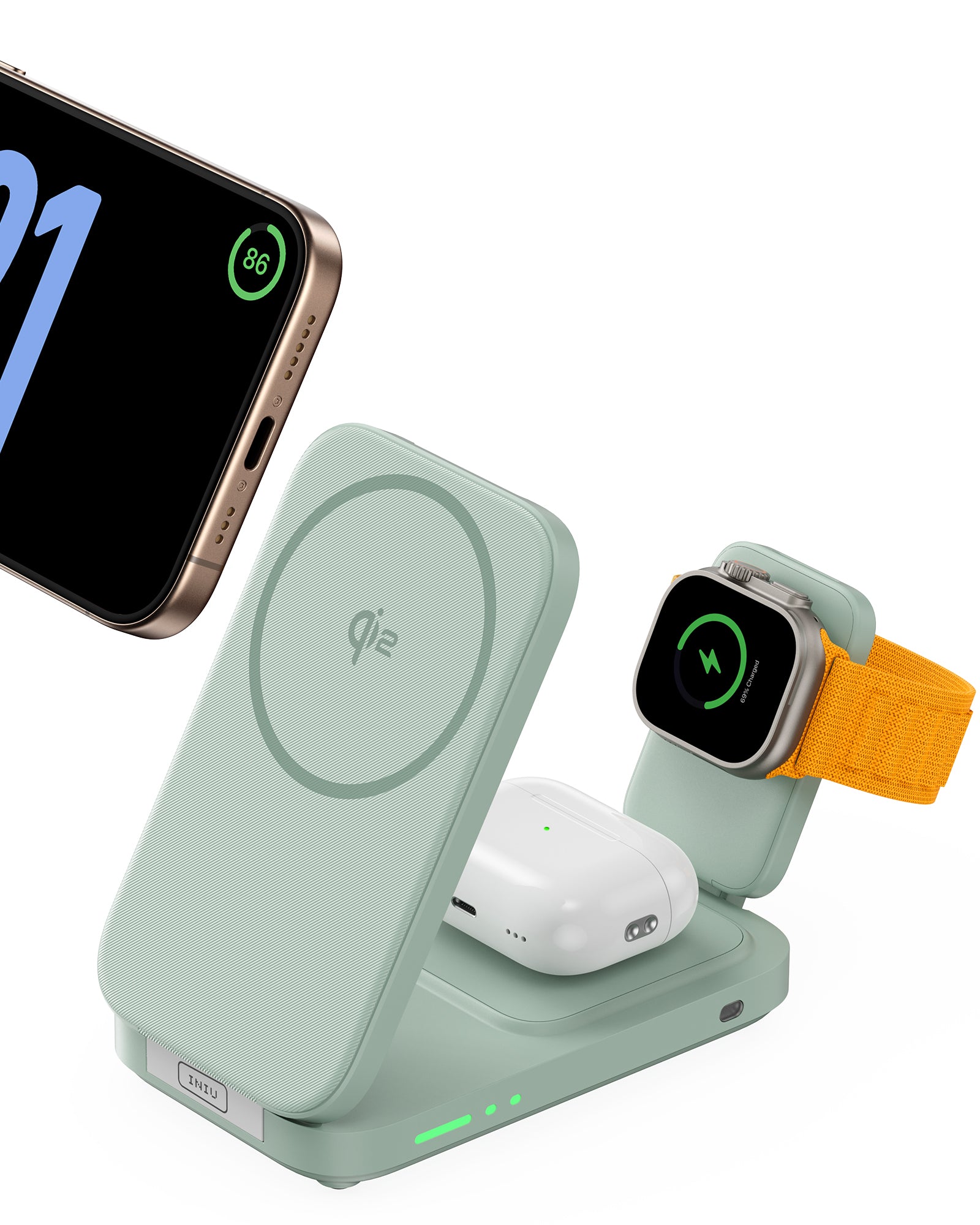 Cargador inalámbrico magnético plegable INIU SnapGo W31-E1 Qi2 de 15 W 3 en 1