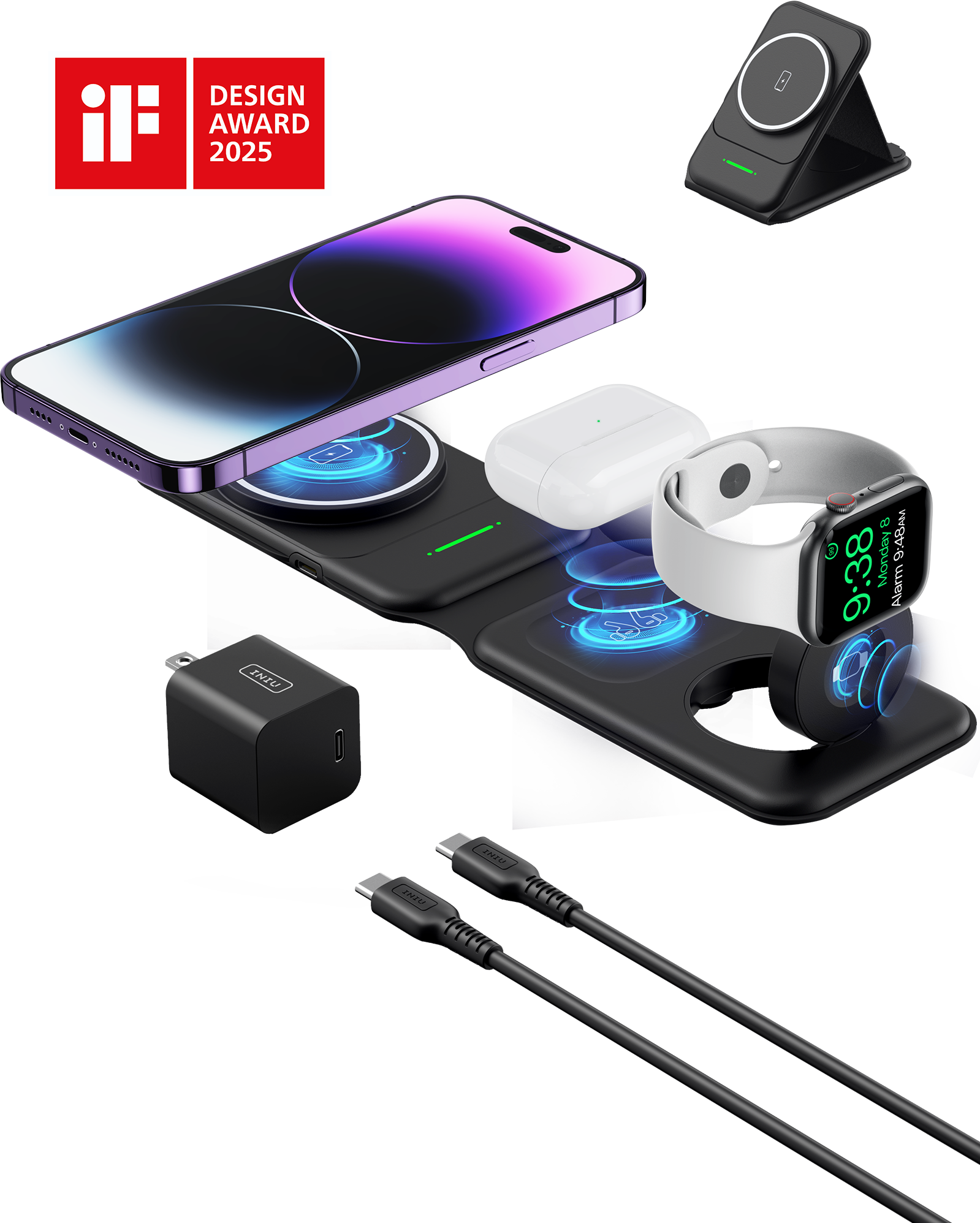 INIU SnapGo WI222 - Base de carga inalámbrica 3 en 1, multifunción magnética de 15 W