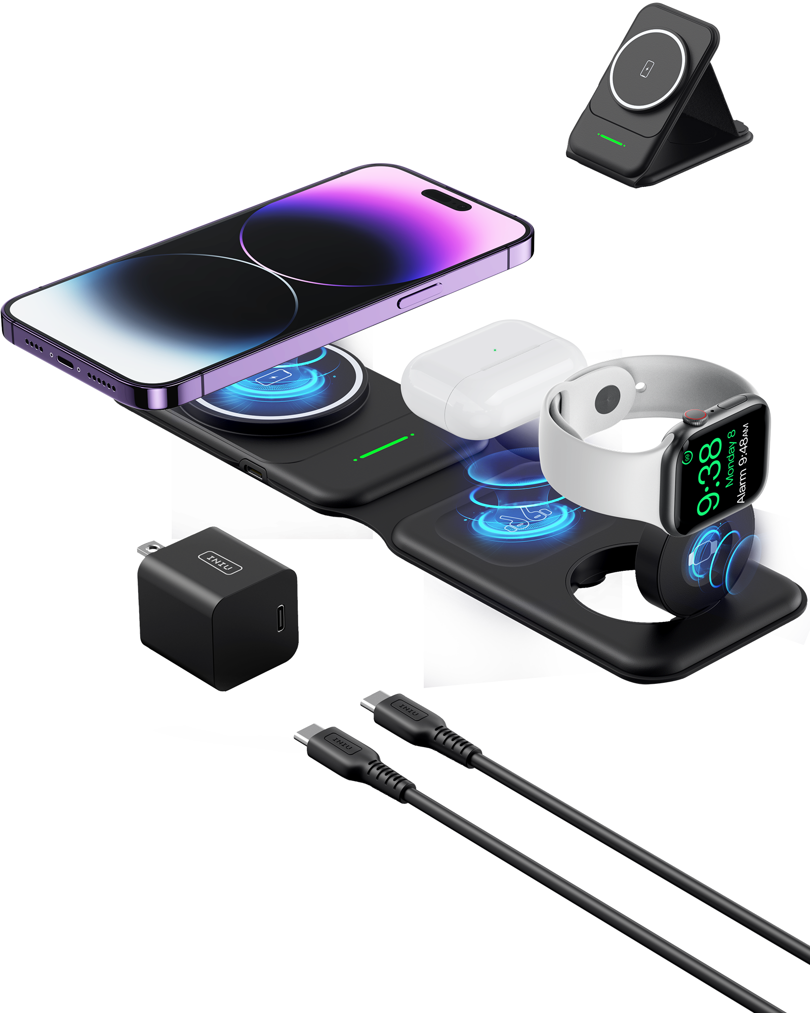 INIU SnapGo WI222 - Base de carga inalámbrica 3 en 1, multifunción magnética de 15 W