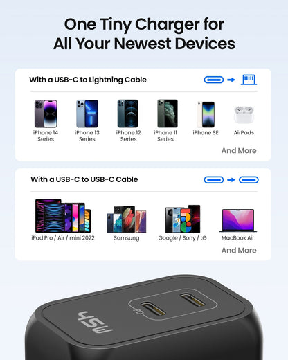 INIU I622 USB C cargador 45W, GaN PD Dual Port Tipo C Cargador Bloque de carga rápida, plegable USB-C cargador de pared adaptador de corriente