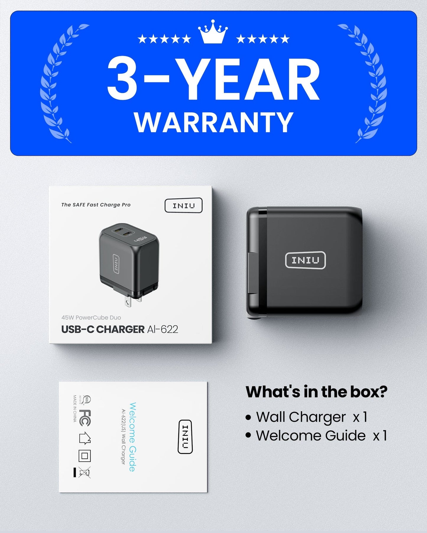 INIU I622 USB C cargador 45W, GaN PD Dual Port Tipo C Cargador Bloque de carga rápida, plegable USB-C cargador de pared adaptador de corriente