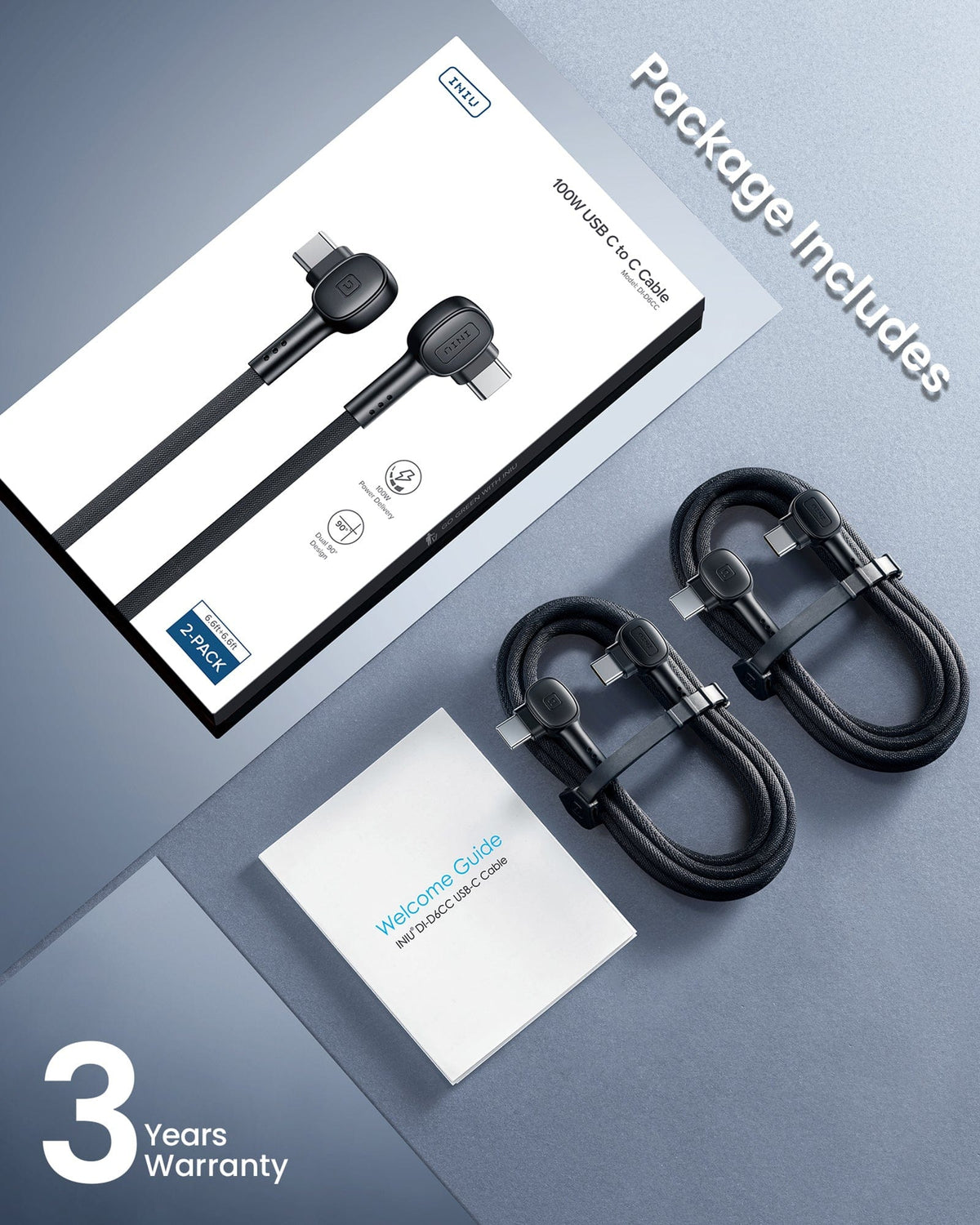 Black Friday deals: INIU 100W 90° USB C cable 2-pack for fast charging laptops and phones, with 3-year warranty.