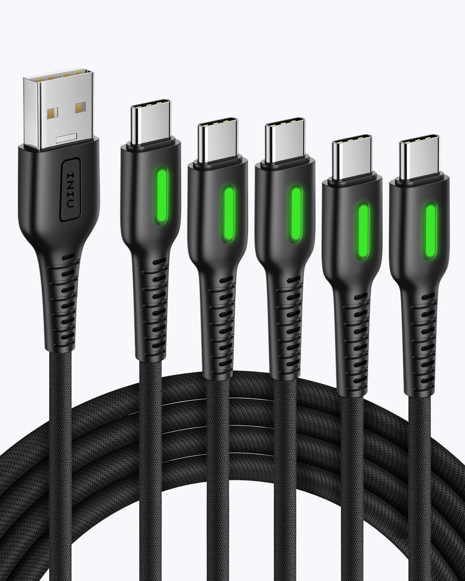 INIU D3C-5P Nylon USB C Cable: Black braided USB-C cables with green indicator lights and INIU logo on the USB-A connector.