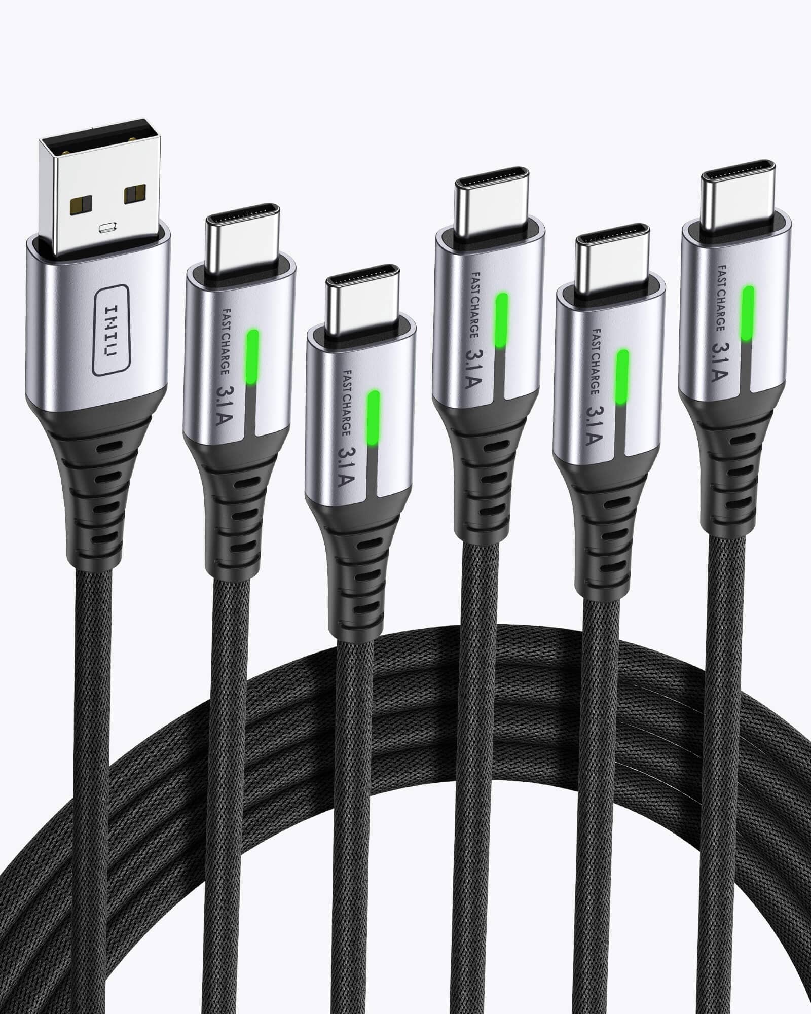 INIU D5C Nylon USB C Cable (3,3*2 + 6,6*2 + 10 pies, paquete de 5)