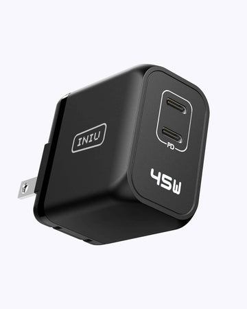 INIU I622 USB C oplader 45W, GaN PD dobbelt port type C oplader Hurtig opladning blok, Foldbar USB-C væg oplader strømaftager